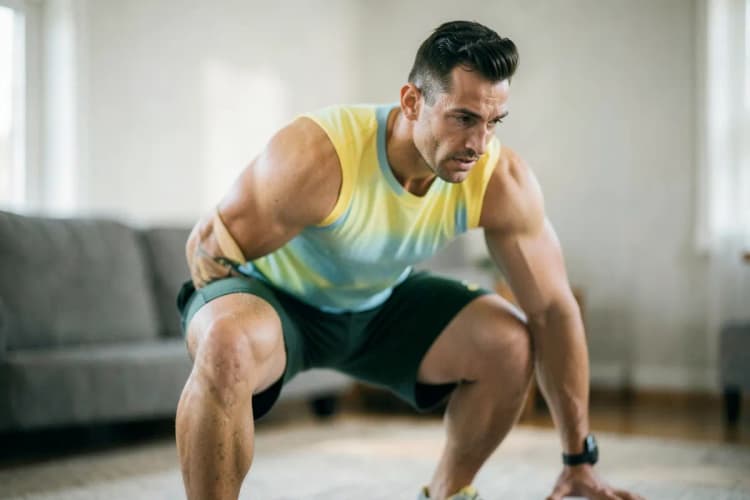 Homem em pé, com roupas esportivas, realizando um agachamento com peso corporal em uma sala de estar