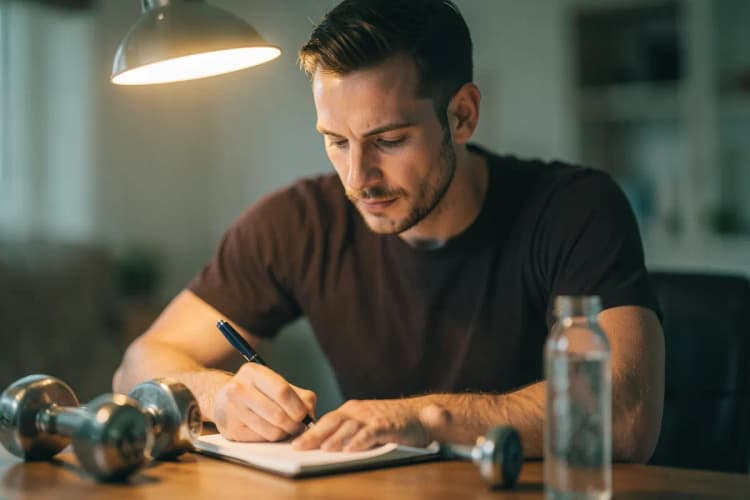 Homem planejando rotina de exercícios em um caderno, com pesos ao lado.
