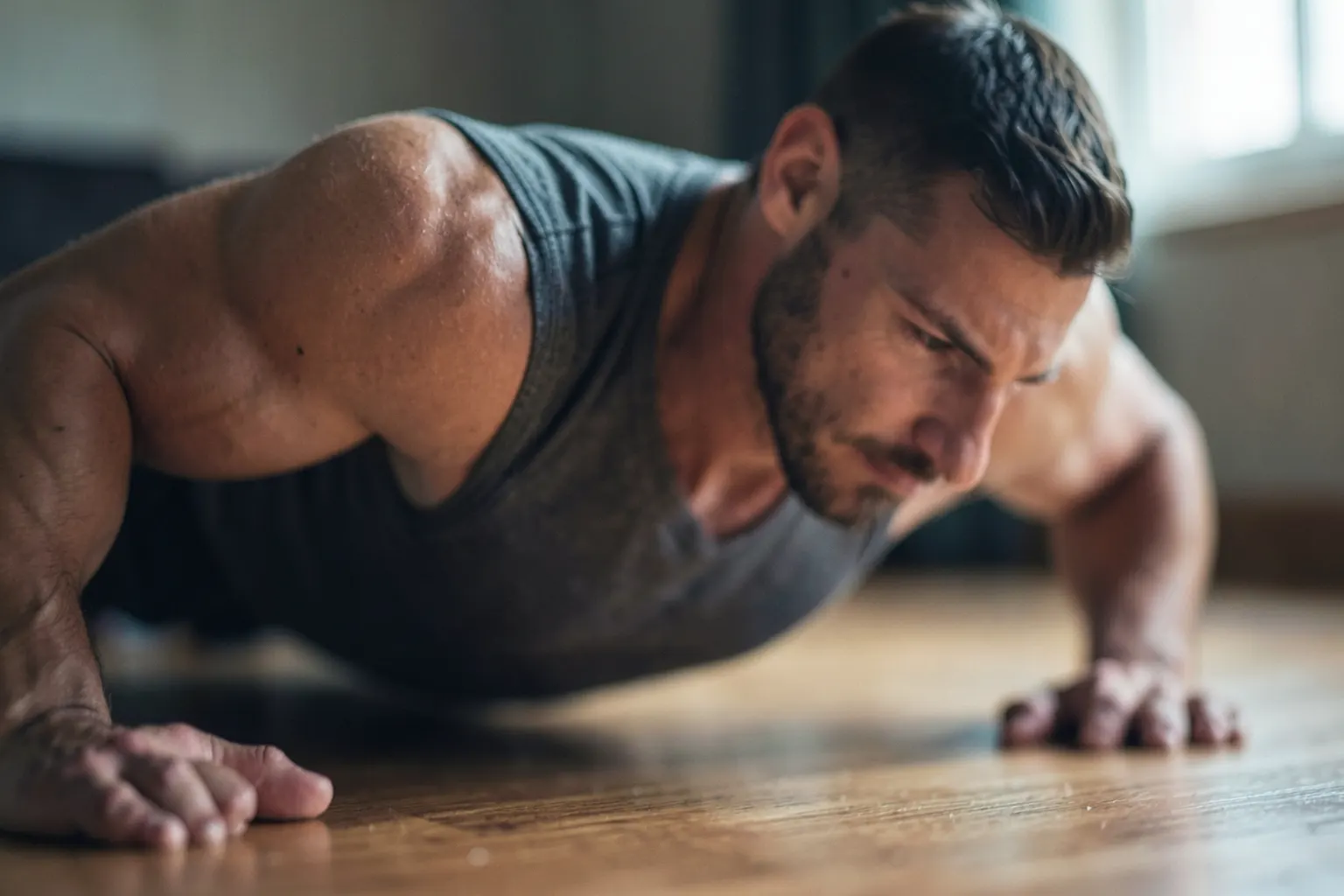 Homem fazendo flexão no chão de casa, com foco no peitoral.