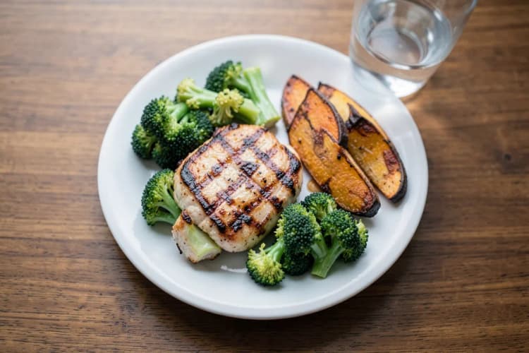 Mesa com alimentos saudáveis: frango grelhado, brócolis, batata doce e um copo de água.