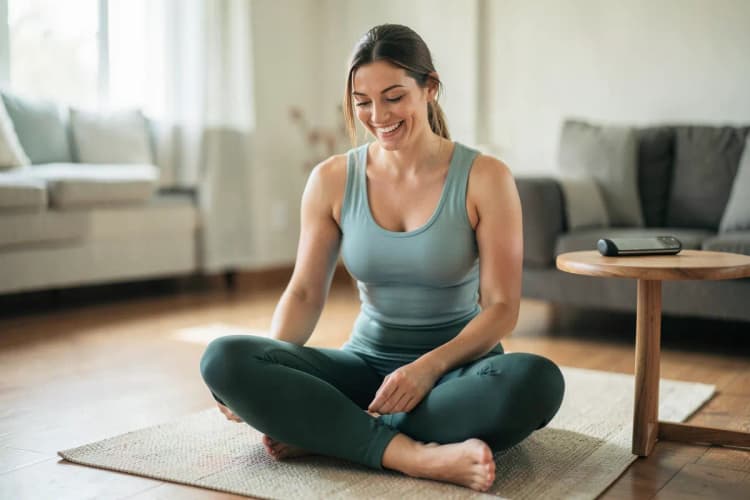 Mulher sorrindo usando um celular para seguir um treino em casa