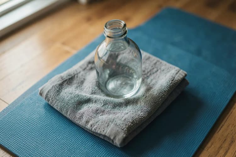 Garrafa de água e toalha sobre um tapete de yoga em um quarto.