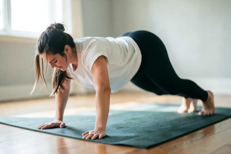 Mulher em posição de burpee em casa, com tapete de yoga ao fundo